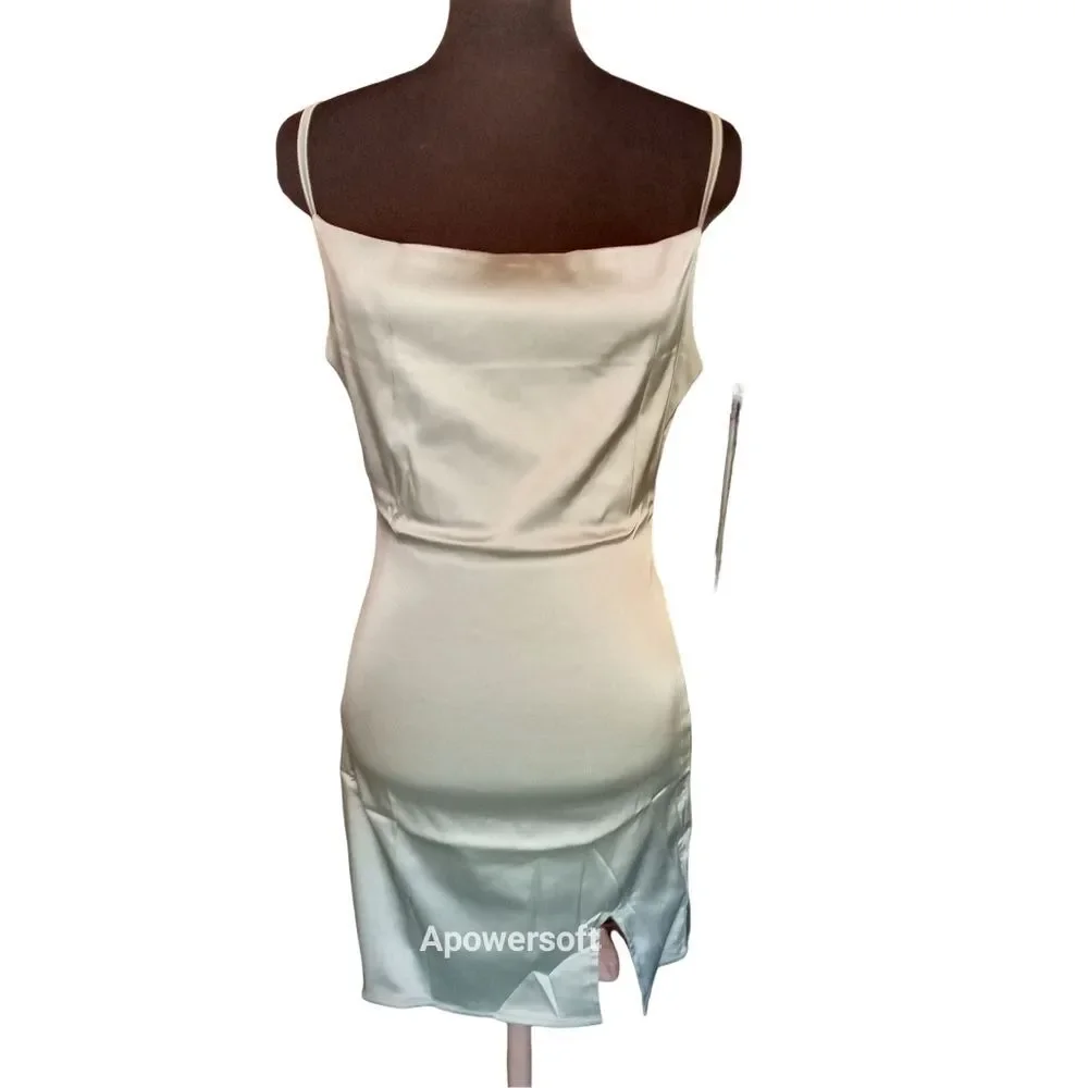 Mint Green Satin Slip Dress Square Neck Princess Seam Midi Dress Size Medium